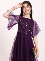 Girls Floral Zari Embroidered Flared Ethnic Dress