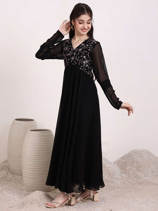 Girls Floral & Sequinned Embroidered Ethnic Dress