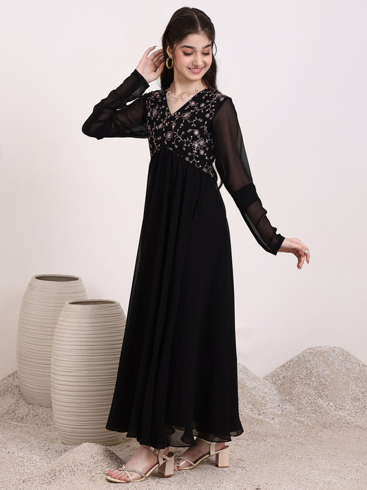 Girls Floral & Sequinned Embroidered Ethnic Dress