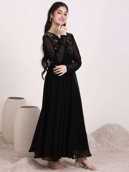 Girls Floral & Sequinned Embroidered Ethnic Dress