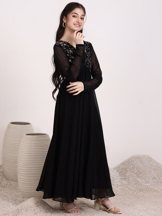 Girls Floral & Sequinned Embroidered Ethnic Dress