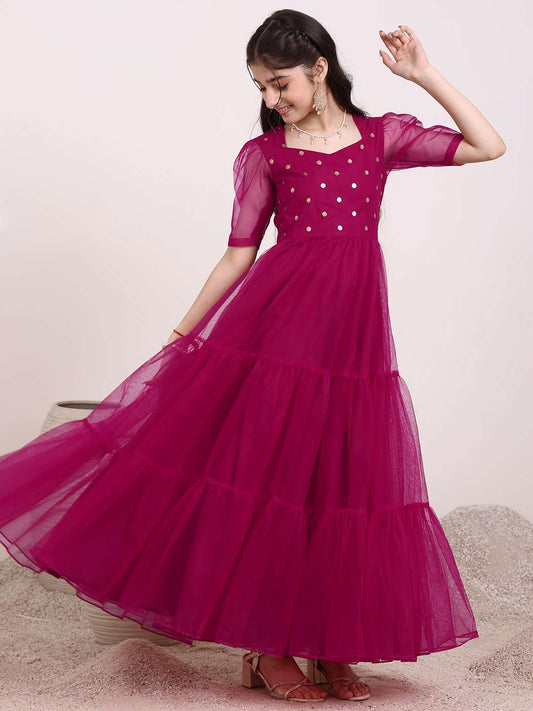 Girls Embellished Net Ethnic Maxi Dress