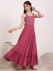 Girls Embroidered Ruffle A-Line Maxi Dress