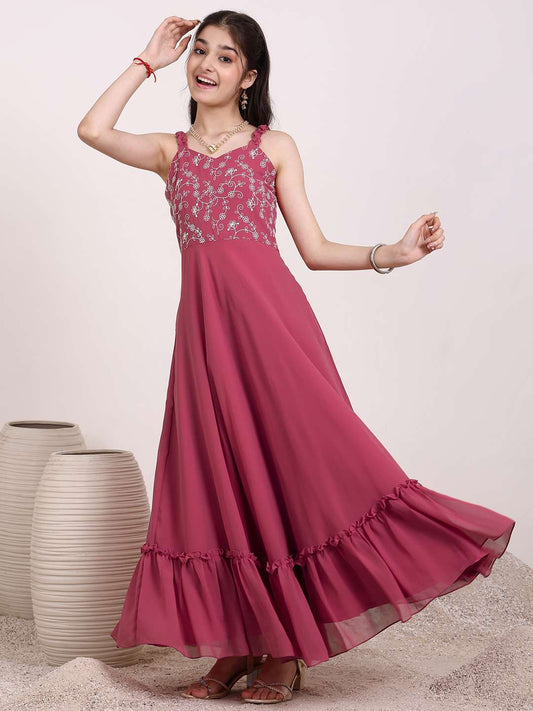Girls Embroidered Ruffle A-Line Maxi Dress
