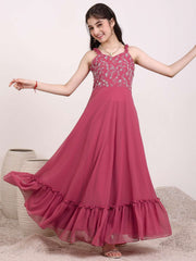 Girls Embroidered Ruffle A-Line Maxi Dress
