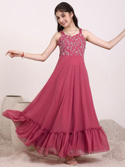 Girls Embroidered Ruffle A-Line Maxi Dress