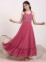 Girls Embroidered Ruffle A-Line Maxi Dress