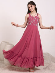 Girls Embroidered Ruffle A-Line Maxi Dress
