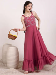 Girls Embroidered Ruffle A-Line Maxi Dress