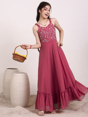 Girls Embroidered Ruffle A-Line Maxi Dress