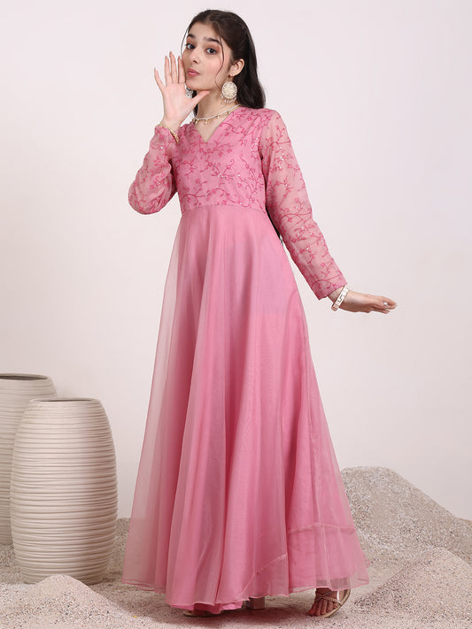 Girls Floral Thread & Sequinned Embroidered A-Line Maxi Ethnic Dress