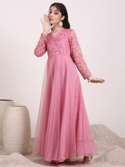 Girls Floral Thread & Sequinned Embroidered A-Line Maxi Ethnic Dress