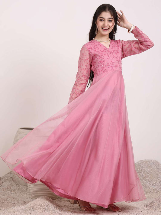 Girls Floral Thread & Sequinned Embroidered A-Line Maxi Ethnic Dress