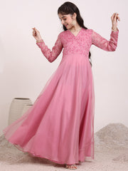 Girls Floral Thread & Sequinned Embroidered A-Line Maxi Ethnic Dress