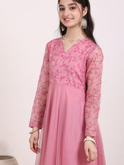 Girls Floral Thread & Sequinned Embroidered A-Line Maxi Ethnic Dress