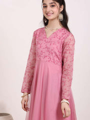 Girls Floral Thread & Sequinned Embroidered A-Line Maxi Ethnic Dress