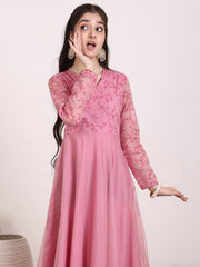 Girls Floral Thread & Sequinned Embroidered A-Line Maxi Ethnic Dress