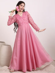 Girls Floral Thread & Sequinned Embroidered A-Line Maxi Ethnic Dress