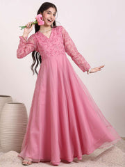 Girls Floral Thread & Sequinned Embroidered A-Line Maxi Ethnic Dress