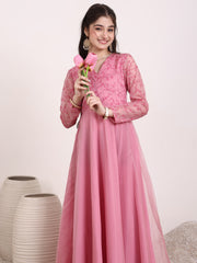 Girls Floral Thread & Sequinned Embroidered A-Line Maxi Ethnic Dress