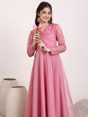 Girls Floral Thread & Sequinned Embroidered A-Line Maxi Ethnic Dress