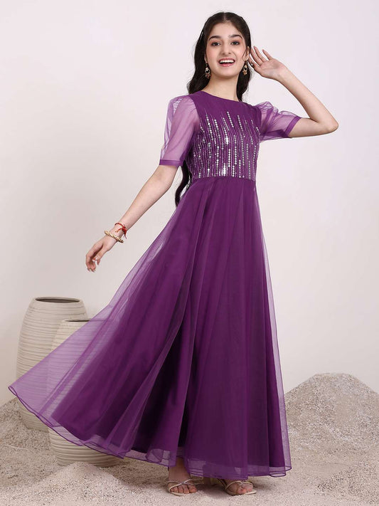 Round Neck Sequinned Embroidered Ethnic Dress