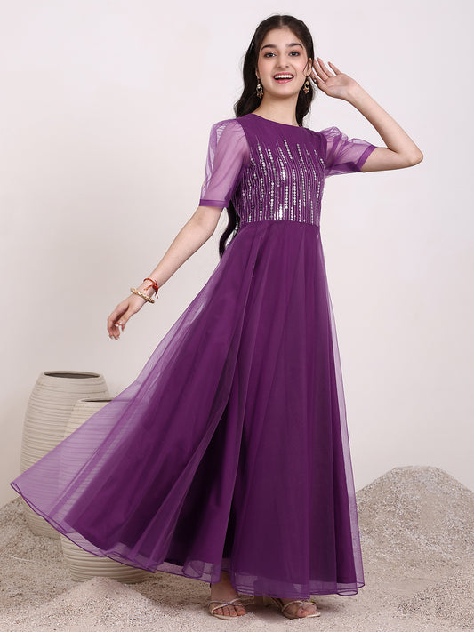 Round Neck Sequinned Embroidered Ethnic Dress