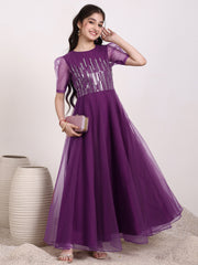 Round Neck Sequinned Embroidered Ethnic Dress