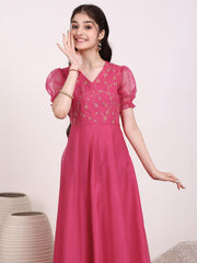 Girls Sequinned Embroidered Fit and Flare Ethnic Dress