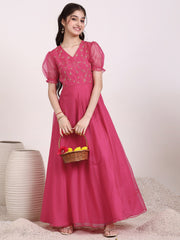 Girls Sequinned Embroidered Fit and Flare Ethnic Dress
