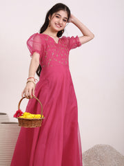 Girls Sequinned Embroidered Fit and Flare Ethnic Dress