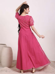 Girls Sequinned Embroidered Fit and Flare Ethnic Dress