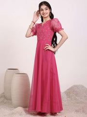 Girls Sequinned Embroidered Fit and Flare Ethnic Dress