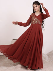 Girls Floral Zari & Sequinned Embroidered Ethnic Dress