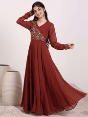 Girls Floral Zari & Sequinned Embroidered Ethnic Dress