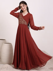 Girls Floral Zari & Sequinned Embroidered Ethnic Dress