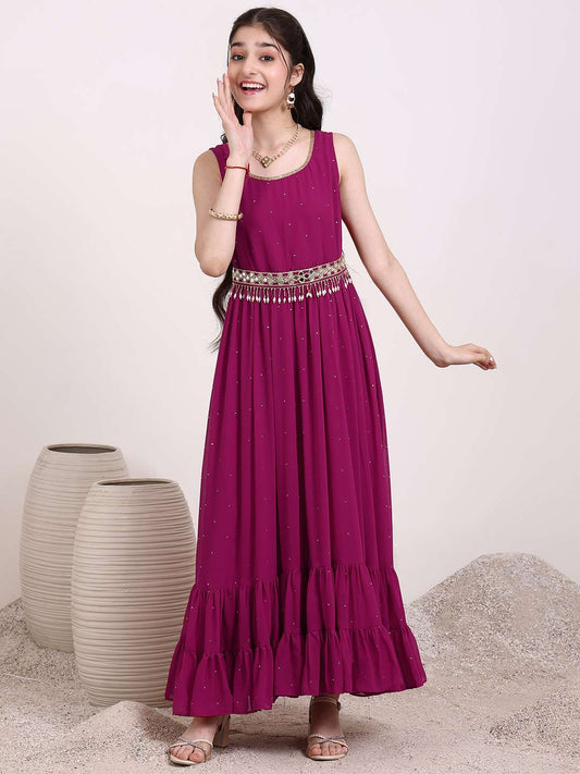 Girls Embroidered Georgette Fit & Flare Ethnic Dresses