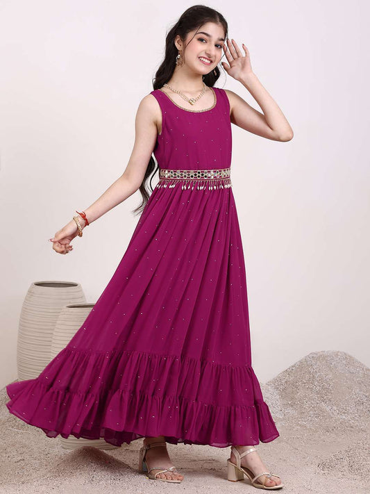 Girls Embroidered Georgette Fit & Flare Ethnic Dresses
