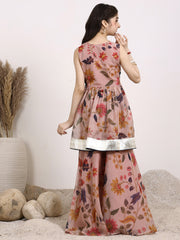 Girls Floral Printed Gotta Patti V-Neck Angrakha A-Line Organza Kurta with Sharara