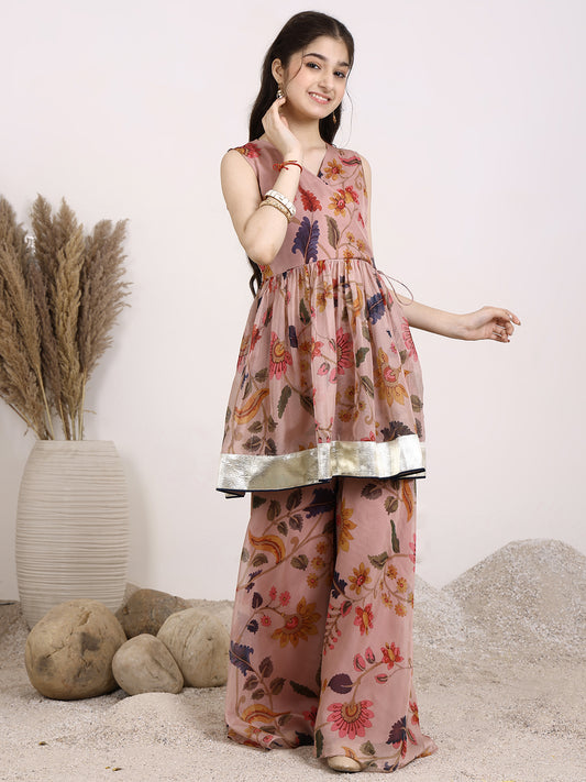 Girls Floral Printed Gotta Patti V-Neck Angrakha A-Line Organza Kurta with Sharara