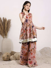 Girls Floral Printed Gotta Patti V-Neck Angrakha A-Line Organza Kurta with Sharara