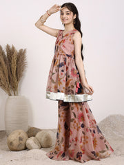 Girls Floral Printed Gotta Patti V-Neck Angrakha A-Line Organza Kurta with Sharara
