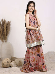Girls Floral Printed Gotta Patti V-Neck Angrakha A-Line Organza Kurta with Sharara