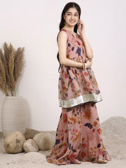 Girls Floral Printed Gotta Patti V-Neck Angrakha A-Line Organza Kurta with Sharara