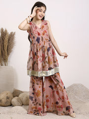 Girls Floral Printed Gotta Patti V-Neck Angrakha A-Line Organza Kurta with Sharara