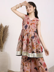 Girls Floral Printed Gotta Patti V-Neck Angrakha A-Line Organza Kurta with Sharara