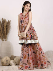 Girls Floral Printed Gotta Patti V-Neck Angrakha A-Line Organza Kurta with Sharara