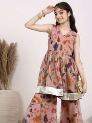 Girls Floral Printed Gotta Patti V-Neck Angrakha A-Line Organza Kurta with Sharara