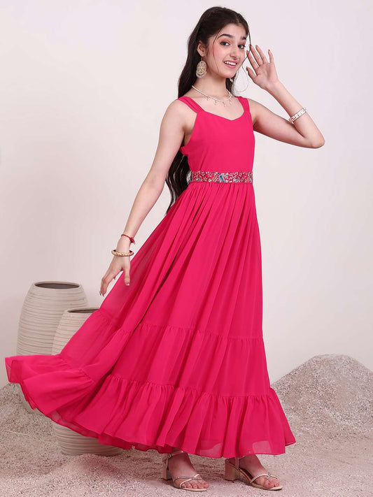 Girls Shoulder Straps Tiered Fit and Flare Ethnic Dress With Embellished Belt