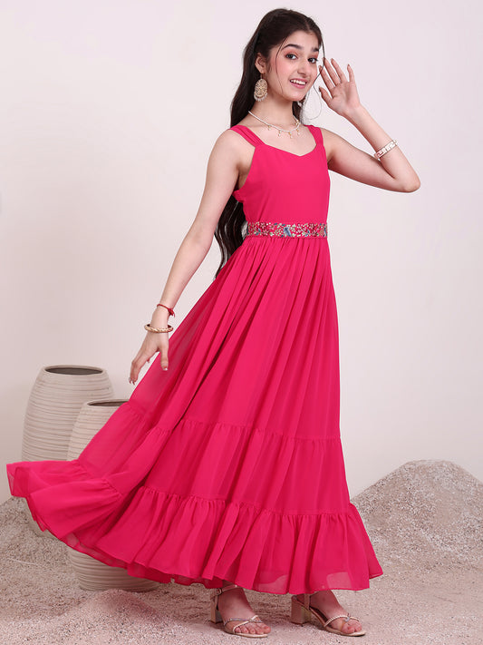 Girls Shoulder Straps Tiered Fit and Flare Ethnic Dress With Embellished Belt